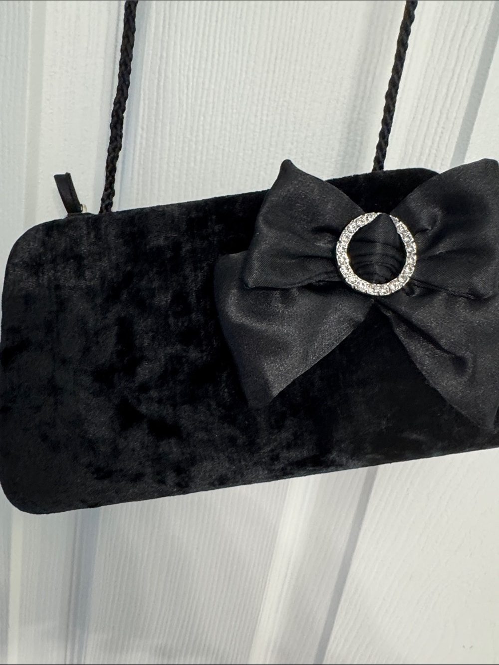 Black Velvet Bow Evening Clutch with Rhinestone Accent